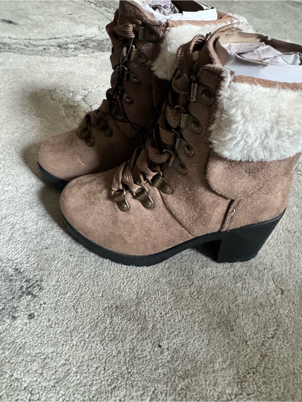 Fashion Nova Girls' Tan Faux Suede Lace-Up Ankle Boots with White Faux Fur Cuff